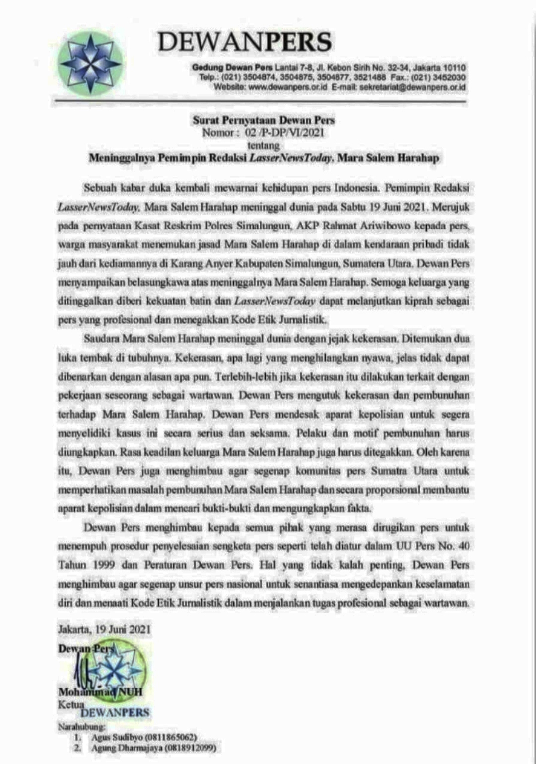 Dewan Pers sudara edaran Dewan Peras, Jurnalis meninggal 🥥Jurnalis Mati dibunuh, Jurania Sumutati sitembak